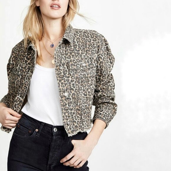 Free People Cheetah Leopard Cropped Denim Jacket Raw Edge L $108 - Picture 5 of 5